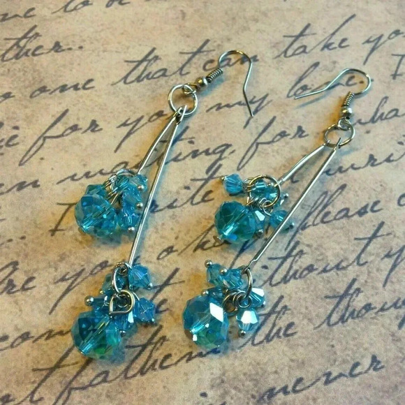 Hand Crafted Light Blue Faceted Czech Crystal 80mm Long Twin Dangle Earrings - Picture 1 of 5